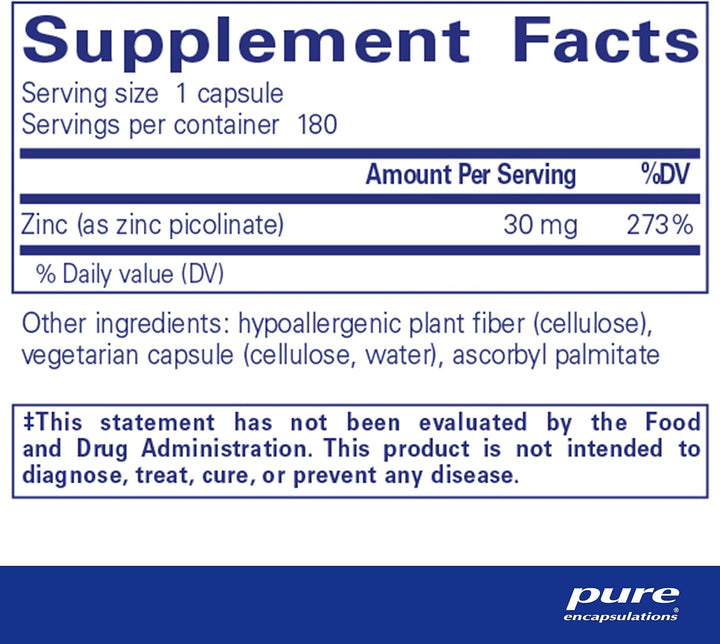 Pure Encapsulations Zinc 30 mg supplement for immune health in a bottle of 180 capsules, designed to support immune function.