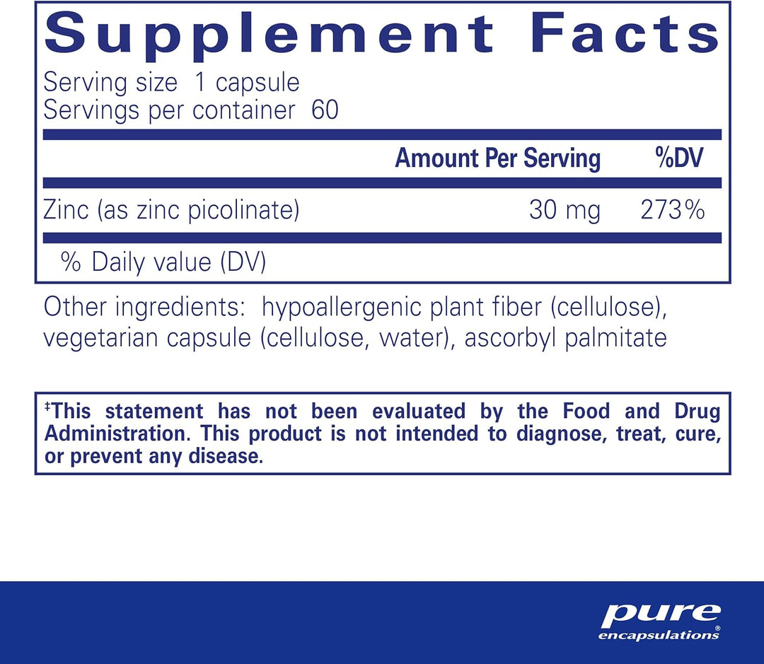 Pure Encapsulations Zinc 30 mg supplement in a white bottle with a label showing capsules, supporting immune health and digestion.