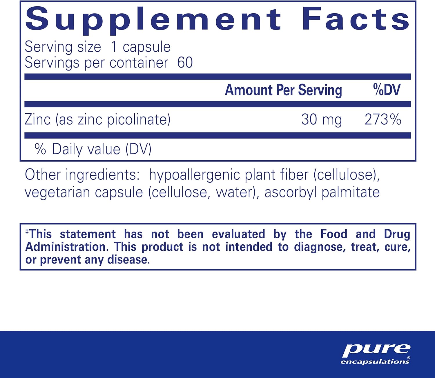 Pure Encapsulations Zinc 30 mg supplement in a white bottle with a label showing capsules, supporting immune health and digestion.