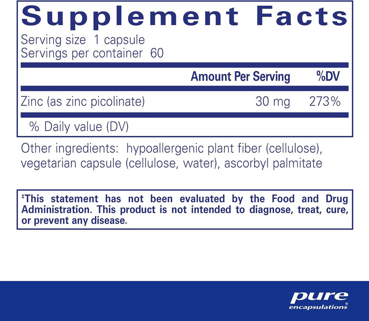 Pure Encapsulations Zinc 30 mg supplement in a white bottle with a label showing capsules, supporting immune health and digestion.