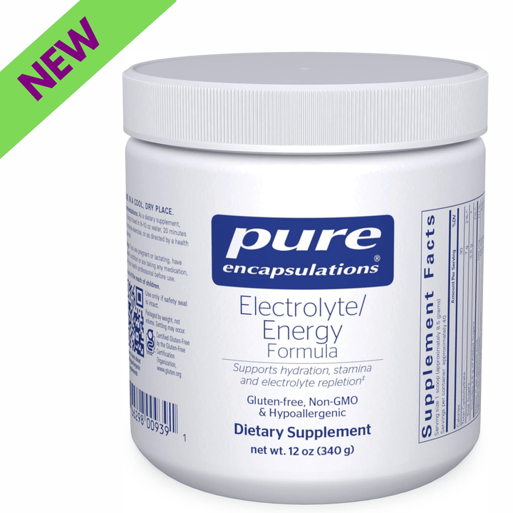 Pure Encapsulations Electrolyte Energy Formula powder supplement for hydration and stamina, shown in a 340g container.