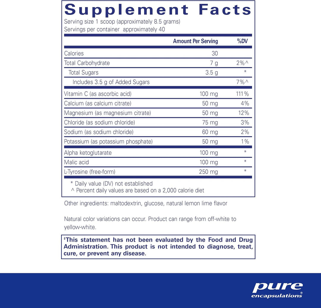 Pure Encapsulations Electrolyte Energy Formula powder supplement in a 340g container, featuring a scoop for hydration and stamina support.