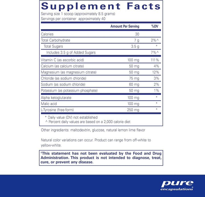 Pure Encapsulations Electrolyte Energy Formula powder supplement in a 340g container, featuring a scoop for hydration and stamina support.