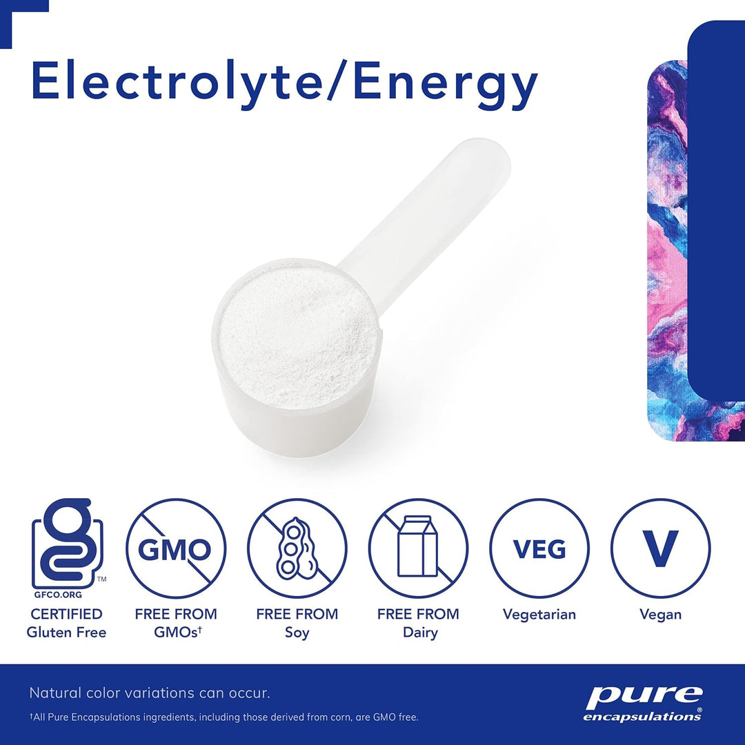 Pure Encapsulations Electrolyte Energy Formula powder supplement in a 340g container, designed to support hydration and stamina.
