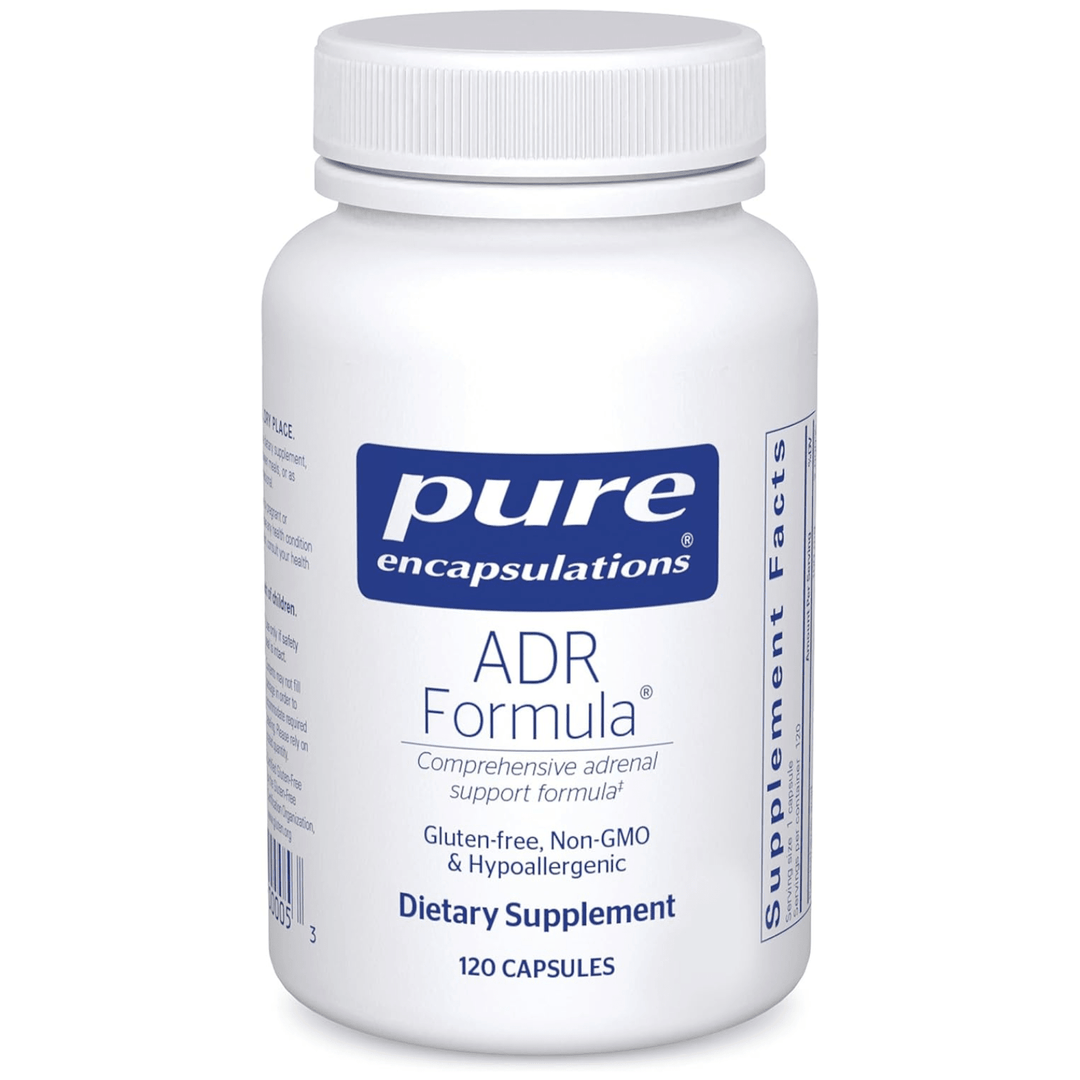 Pure Encapsulations ADR Formula supplement in a bottle of 120 hypoallergenic dietary capsules for immune and adrenal support.