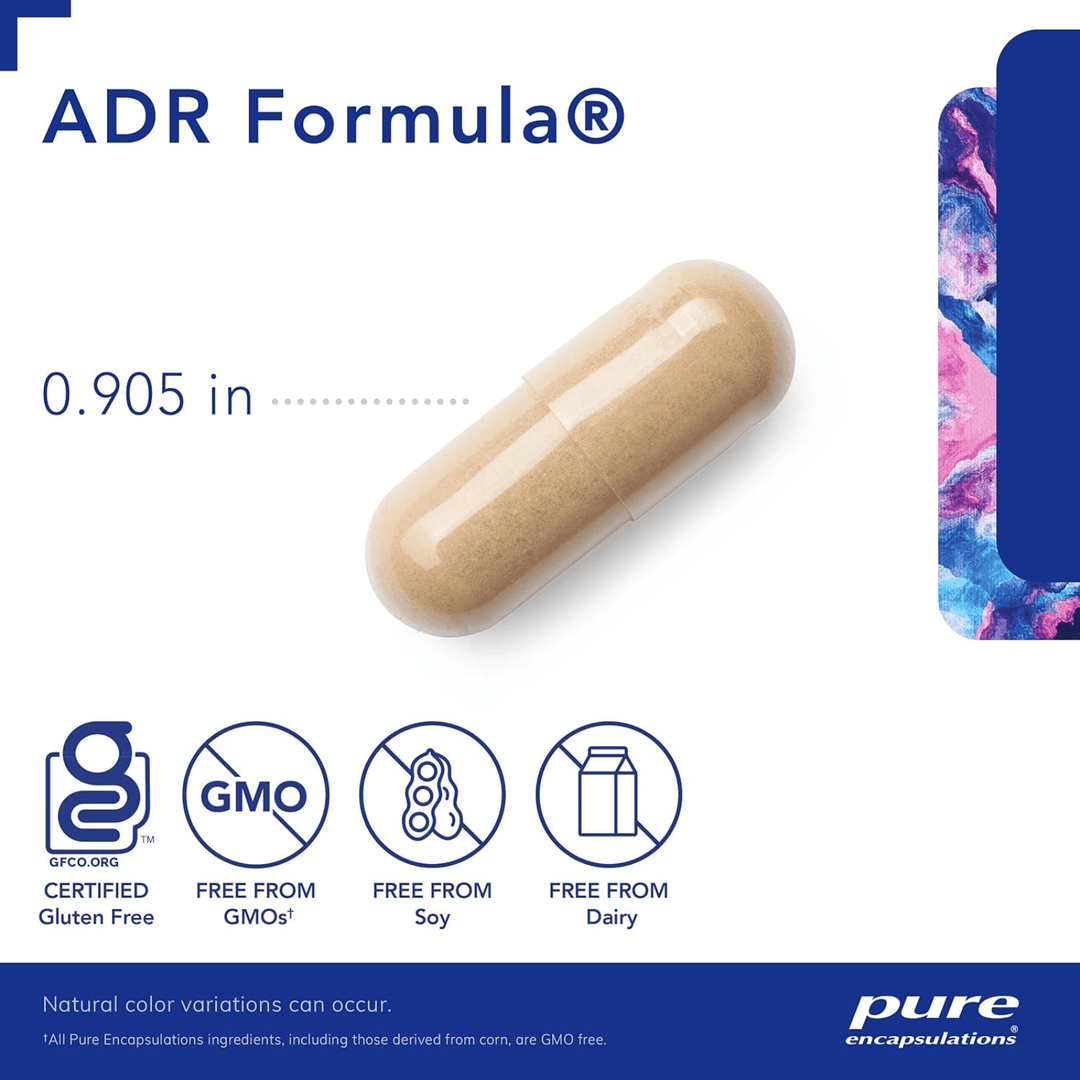 Pure Encapsulations ADR Formula hypoallergenic dietary supplement box with 60 capsules for immune and adrenal support.