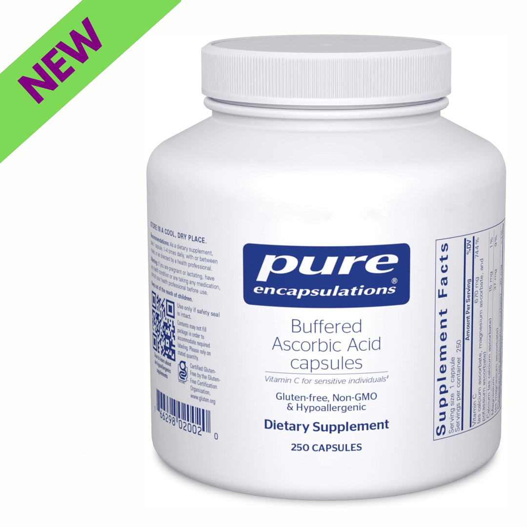 Pure Encapsulations Buffered Ascorbic Acid dietary supplement bottle with 250 capsules, hypoallergenic vitamin C for immune support.