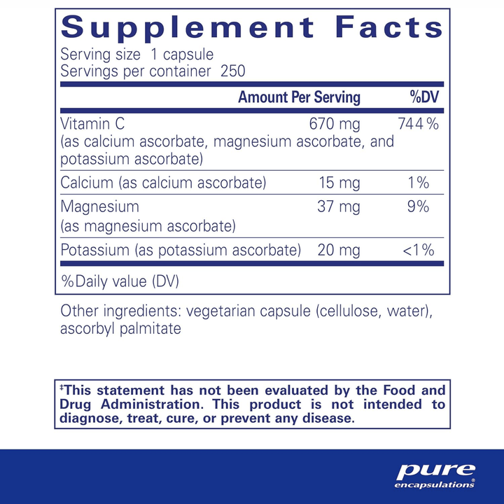Pure Encapsulations Buffered Ascorbic Acid hypoallergenic dietary supplement 250 capsules supporting immune health