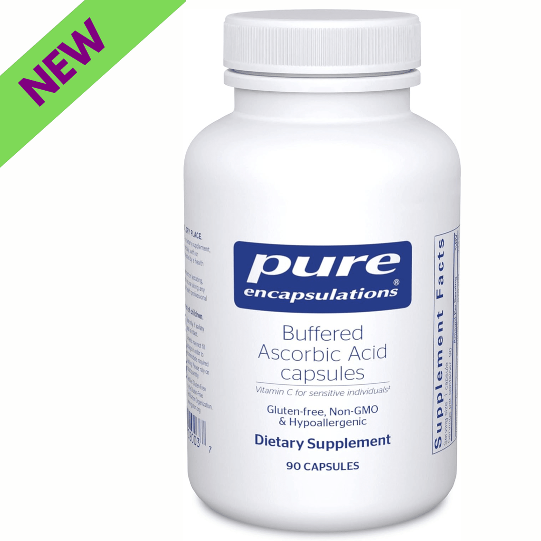 Pure Encapsulations Buffered Ascorbic Acid dietary supplement capsules, hypoallergenic immune support supplement in a bottle of 90 capsules.