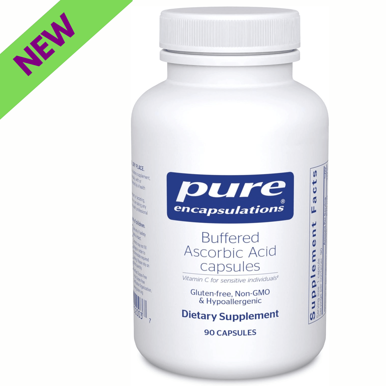 Pure Encapsulations Buffered Ascorbic Acid dietary supplement in 90 capsules, hypoallergenic vitamin C for immune support.
