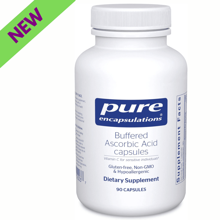 Pure Encapsulations Buffered Ascorbic Acid dietary supplement capsules, hypoallergenic immune support supplement in a bottle of 90 capsules.