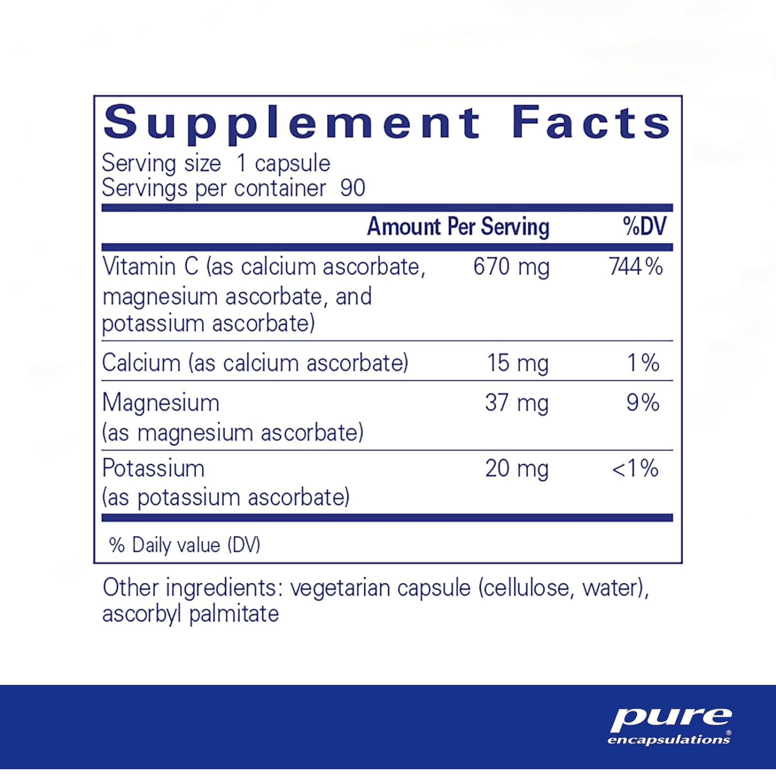 Pure Encapsulations Buffered Ascorbic Acid hypoallergenic dietary supplement capsules for immune support, shown in a white bottle.