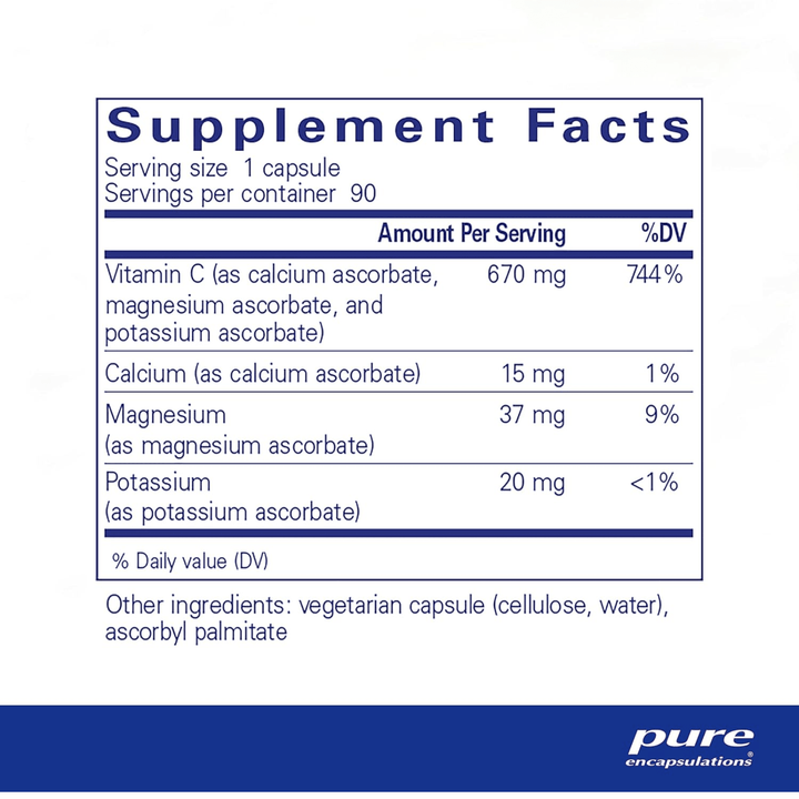 Pure Encapsulations Buffered Ascorbic Acid dietary supplement in 90 capsules, supports immune health, hypoallergenic formulation.