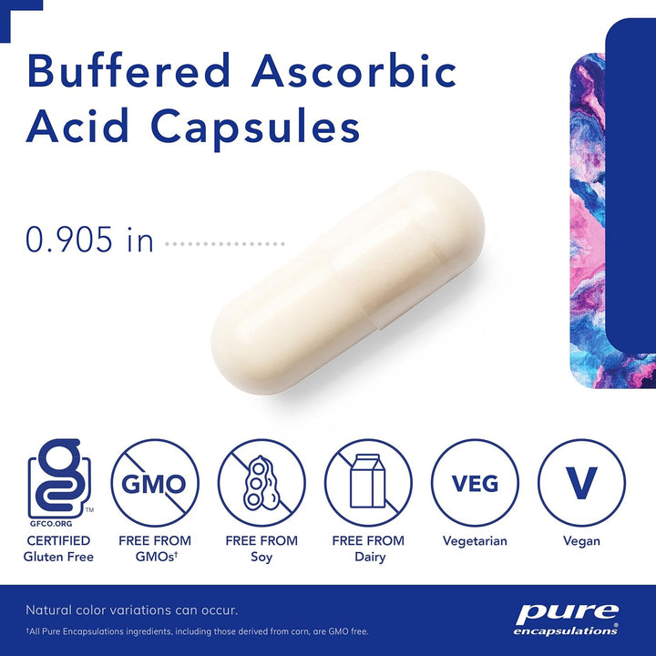 Pure Encapsulations Buffered Ascorbic Acid supplement in 90 capsules, hypoallergenic dietary supplement supporting immune health.