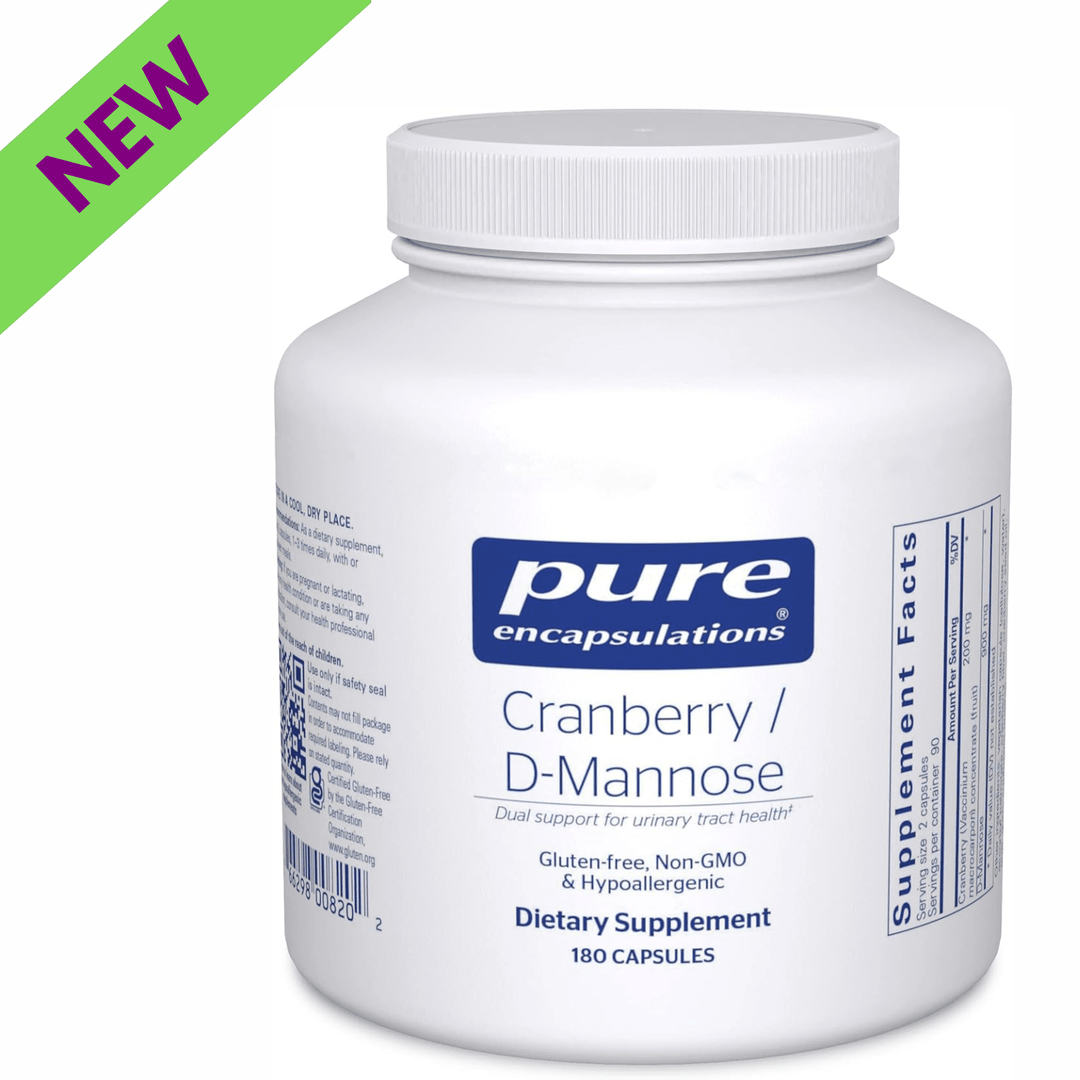 Pure Encapsulations Cranberry D-Mannose dietary supplement capsules for urinary health, hypoallergenic and 180 capsules in bottle.