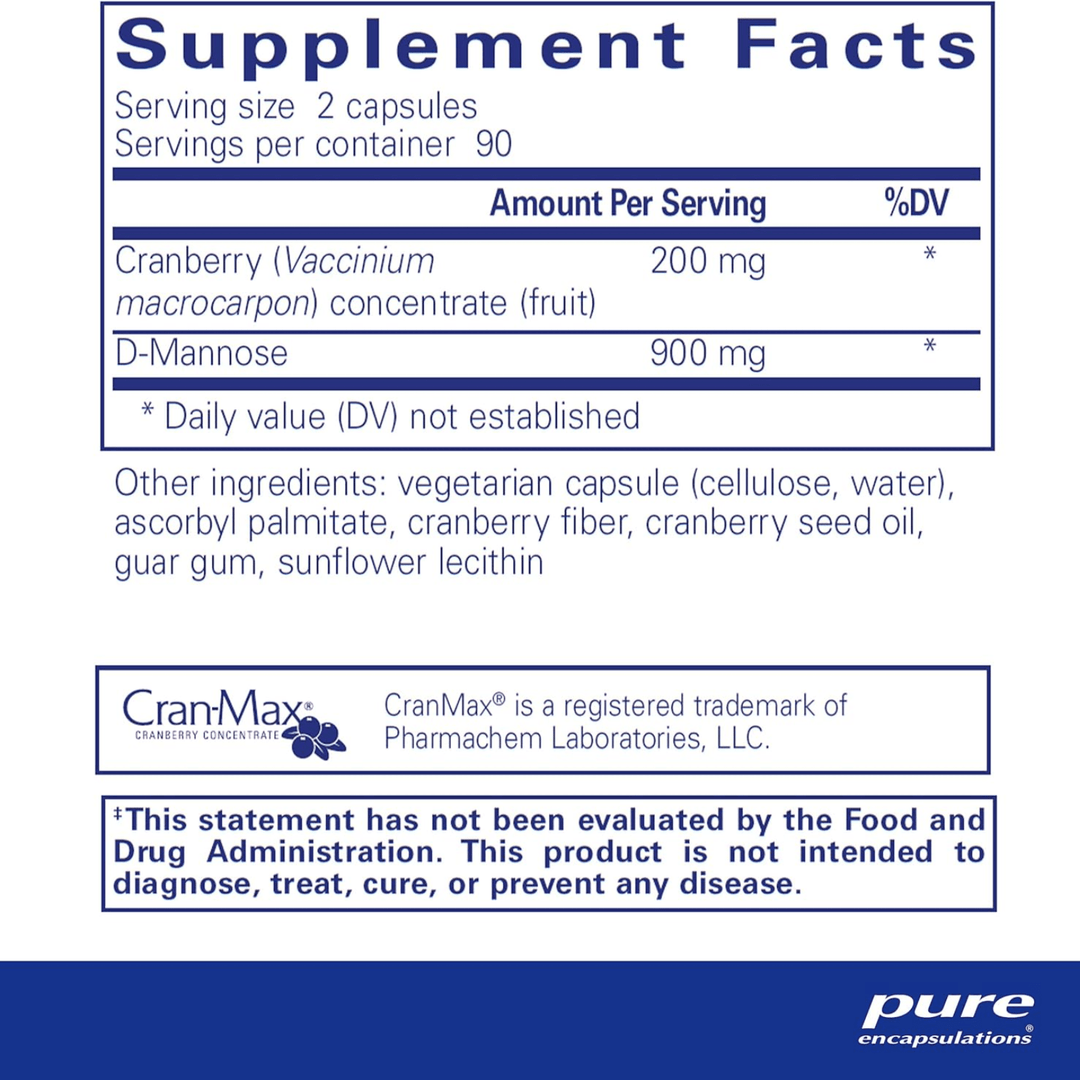 Pure Encapsulations Cranberry D-Mannose hypoallergenic dietary supplement in 180 capsules for urinary health support.