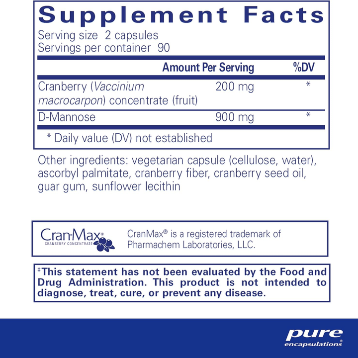 Pure Encapsulations Cranberry D-Mannose hypoallergenic dietary supplement in 180 capsules for urinary health support.