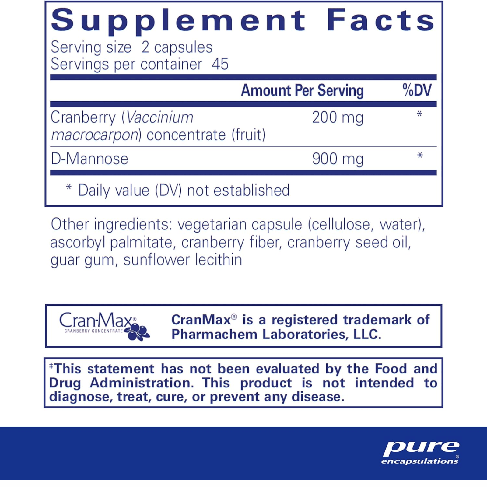 Pure Encapsulations Cranberry D Mannose dietary supplement capsules supporting urinary health, hypoallergenic and effective.