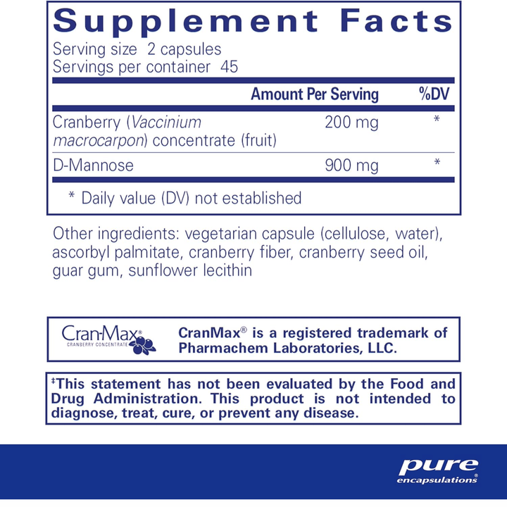 Pure Encapsulations Cranberry D-Mannose dietary supplement capsules supporting urinary health, hypoallergenic formula, 90 capsules.