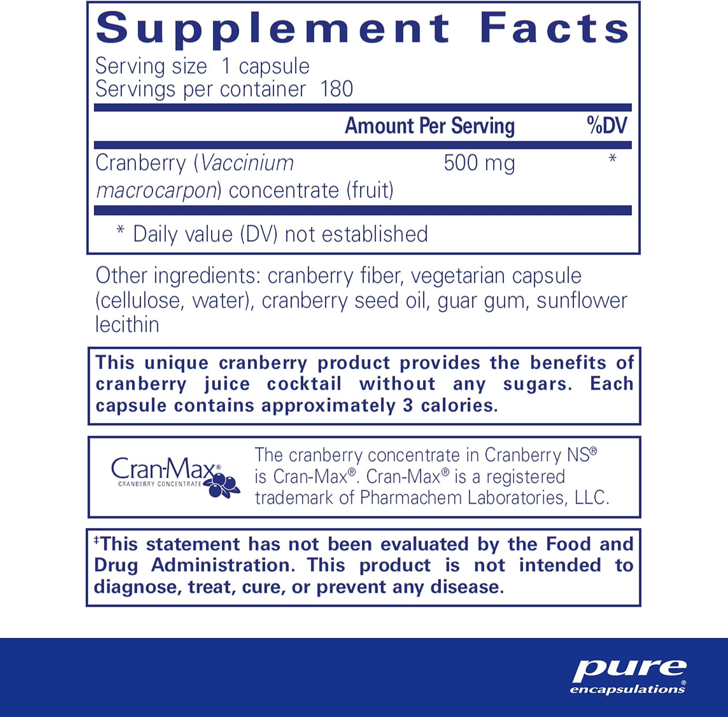 Pure Encapsulations Cranberry NS supplement in 180 hypoallergenic capsules supporting urinary health, shown in a clear bottle.