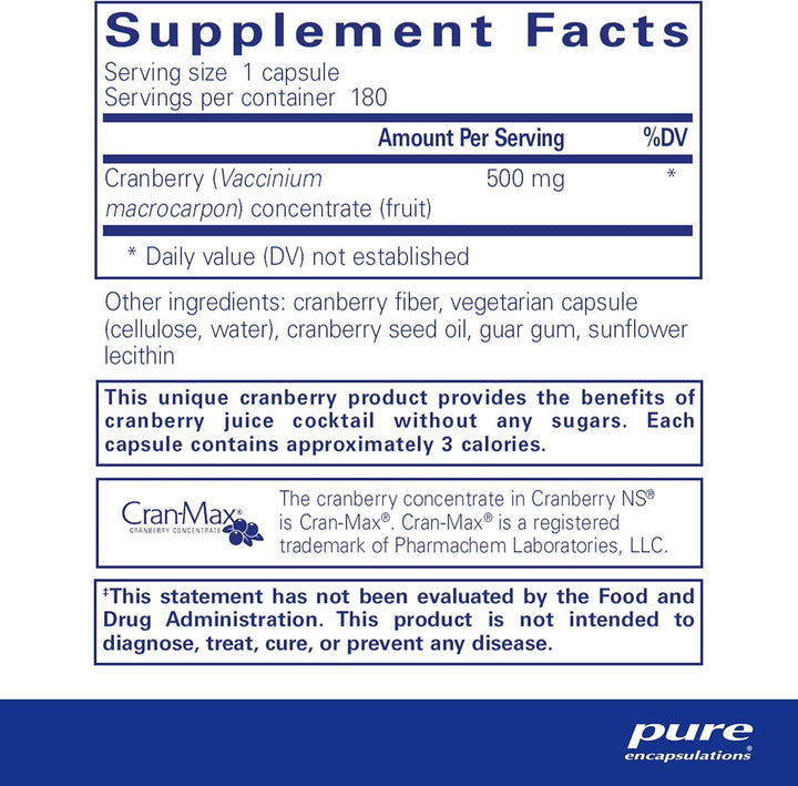Pure Encapsulations Cranberry NS supplement in 180 capsules for urinary health, hypoallergenic dietary supplement.