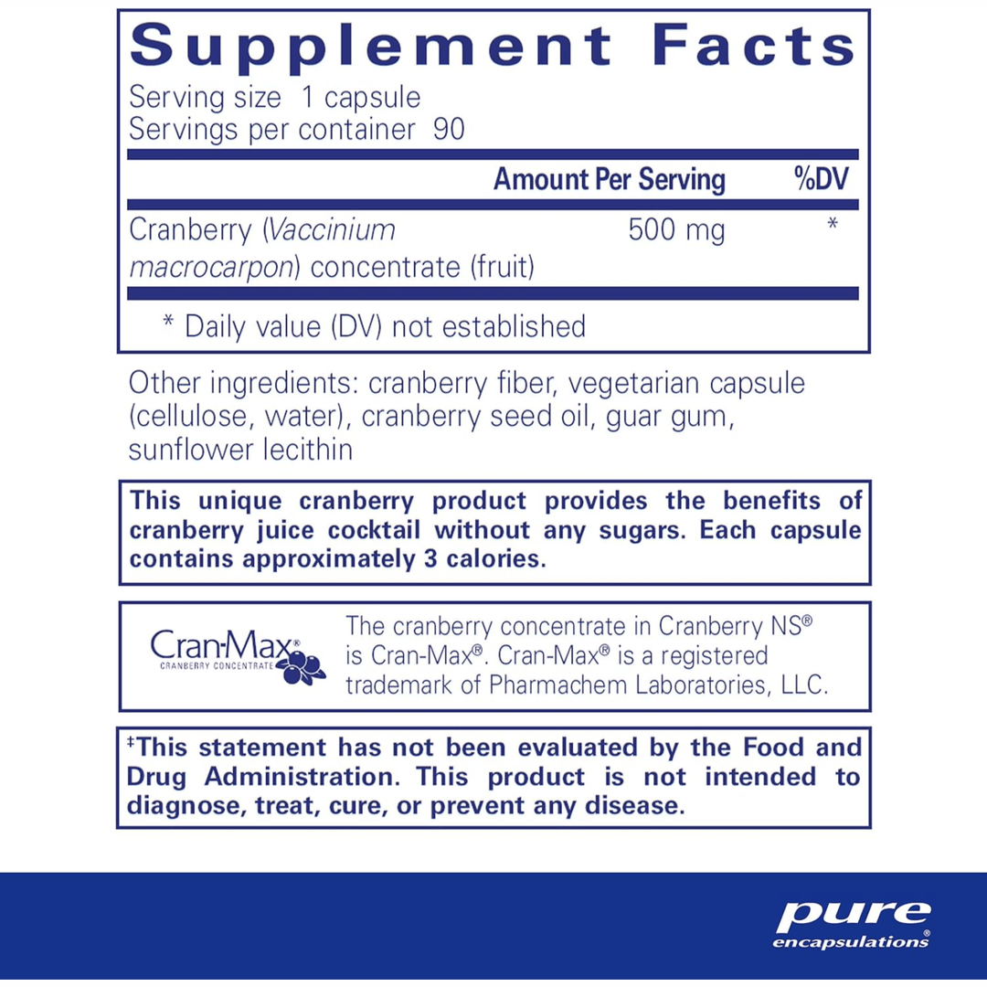 Pure Encapsulations Cranberry NS supplement in 90 capsules, hypoallergenic dietary supplement supporting urinary health.