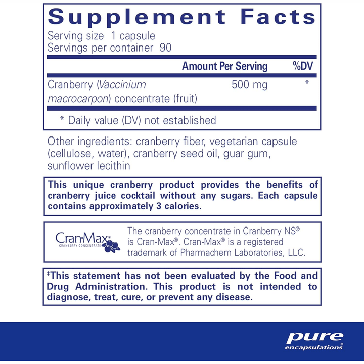 Pure Encapsulations Cranberry NS supplement in 90 capsules, hypoallergenic dietary supplement supporting urinary health.