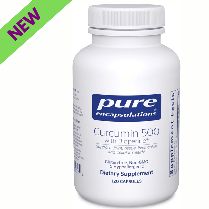 Pure Encapsulations Curcumin 500 supplement in 120 capsules, hypoallergenic dietary supplement for joint health support.