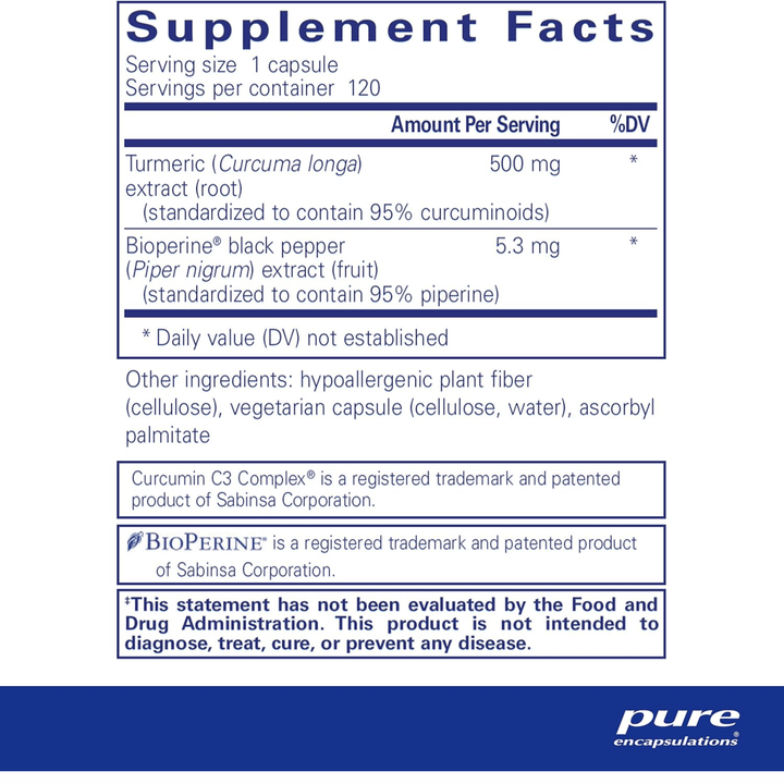 Pure Encapsulations Curcumin 500 supplement capsules for joint health, hypoallergenic dietary supplement in a bottle of 120 capsules.