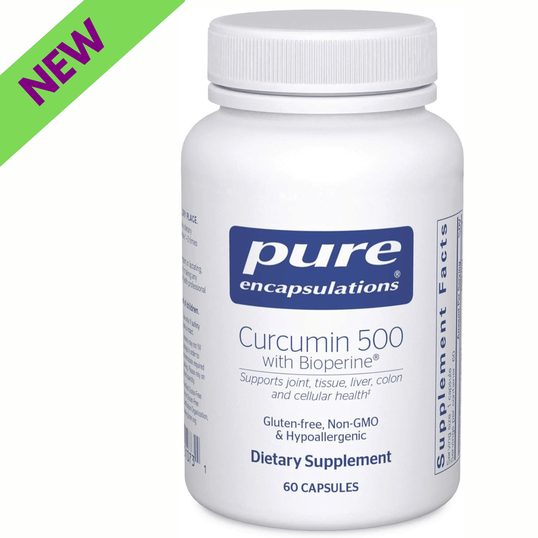 Pure Encapsulations Curcumin 500 supplement in a bottle of 60 hypoallergenic dietary capsules for joint health support.
