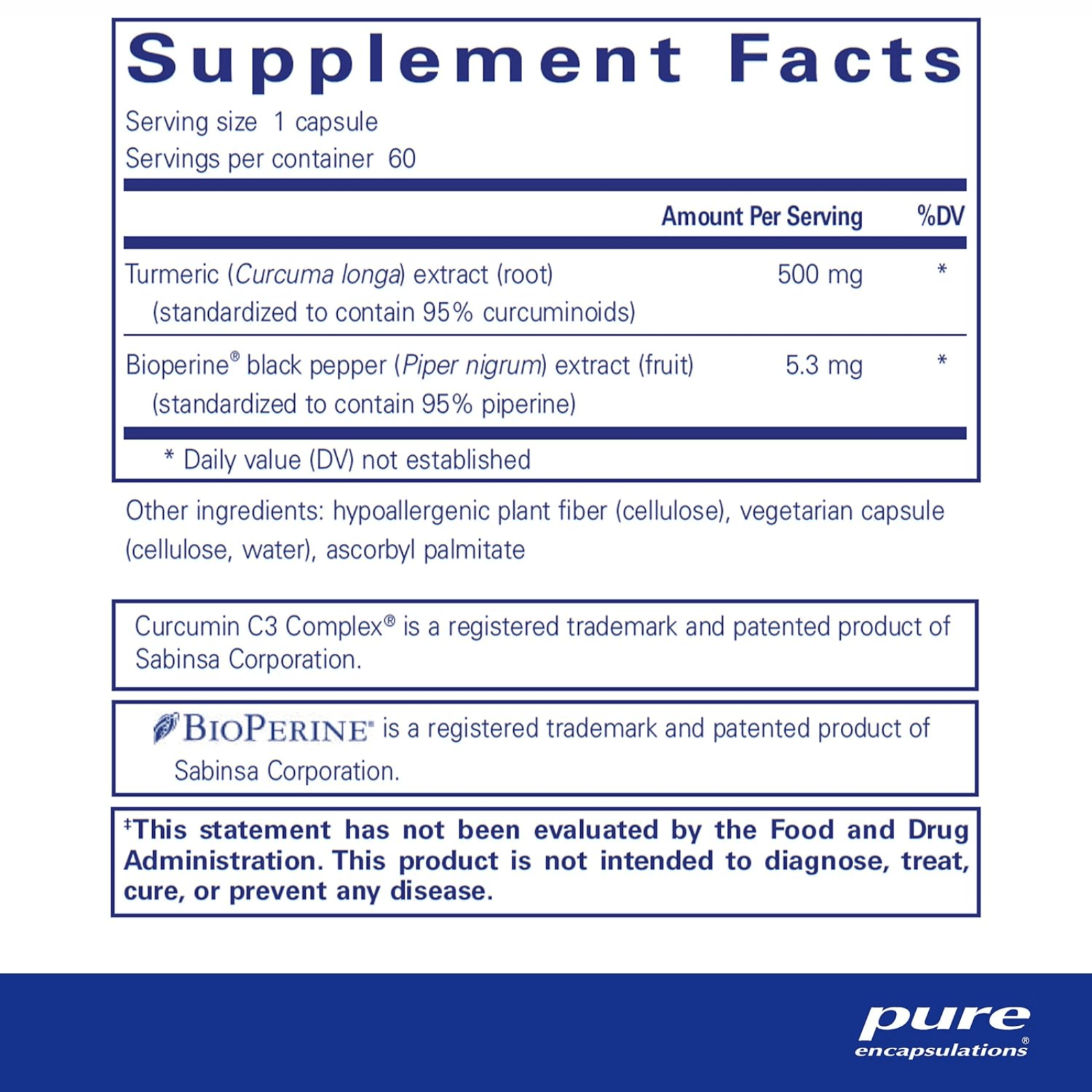 Pure Encapsulations Curcumin 500 dietary supplement in 60 capsules, supports joint health and is hypoallergenic.