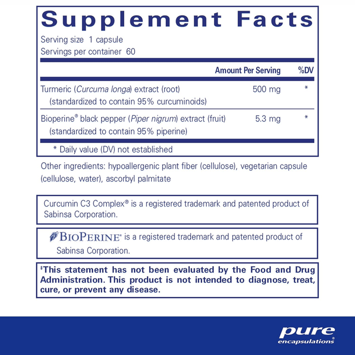 Pure Encapsulations Curcumin 500 dietary supplement in 60 capsules, supports joint health and is hypoallergenic.