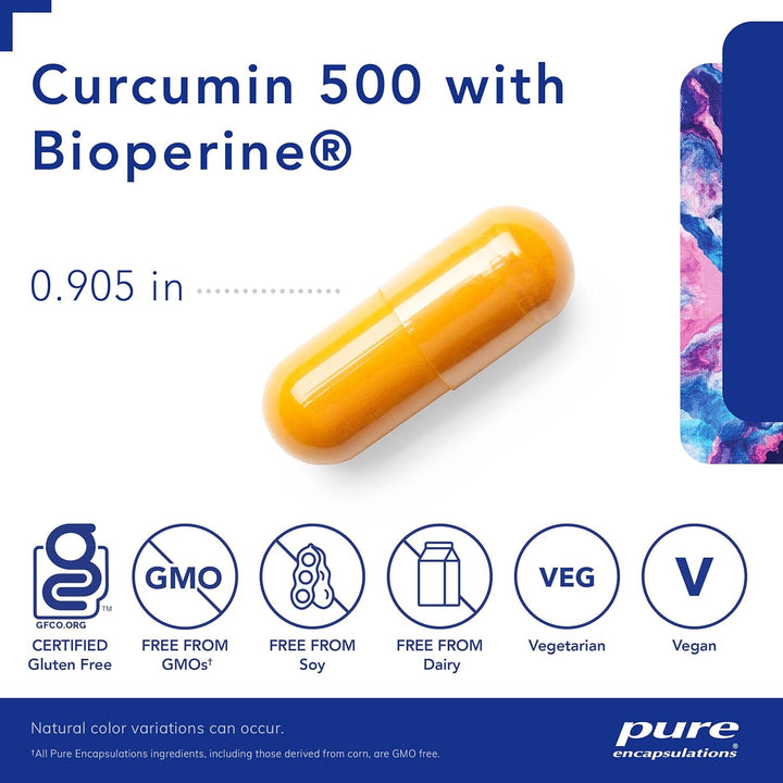 Pure Encapsulations Curcumin 500 hypoallergenic dietary supplement capsules supporting joint health, shown in a bottle.