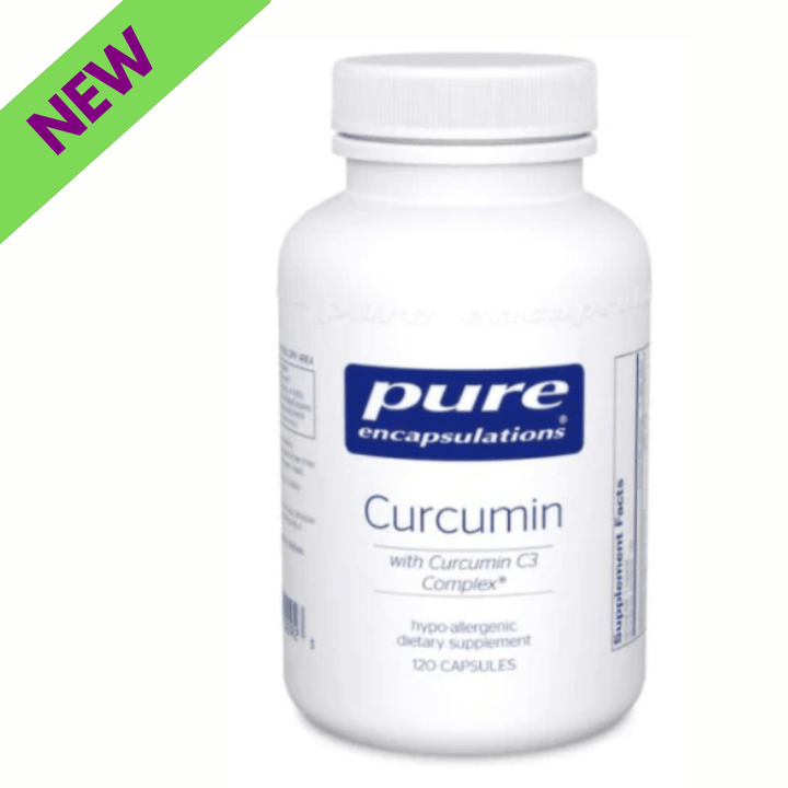Pure Encapsulations Curcumin with Curcumin C3 Complex dietary supplement capsules for joint health, hypoallergenic formula.