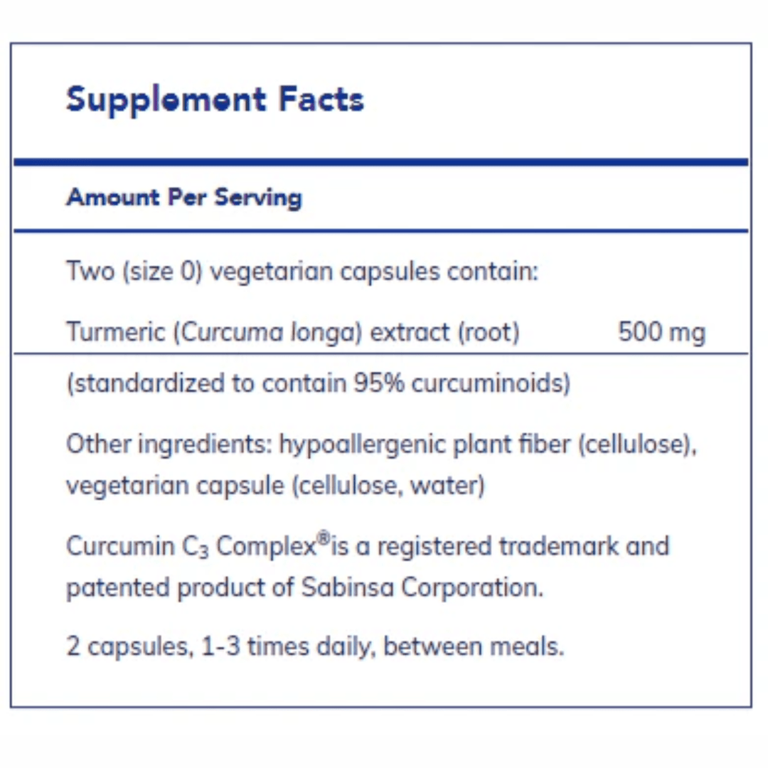Pure Encapsulations Curcumin with Curcumin C3 Complex dietary supplement bottle containing 120 capsules for joint health.