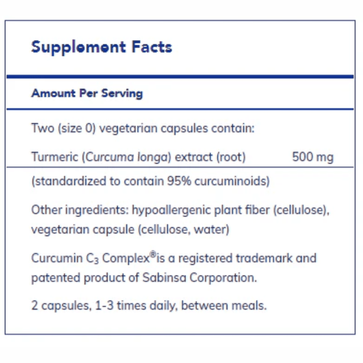 Pure Encapsulations Curcumin with Curcumin C3 Complex dietary supplement bottle containing 120 capsules for joint health.