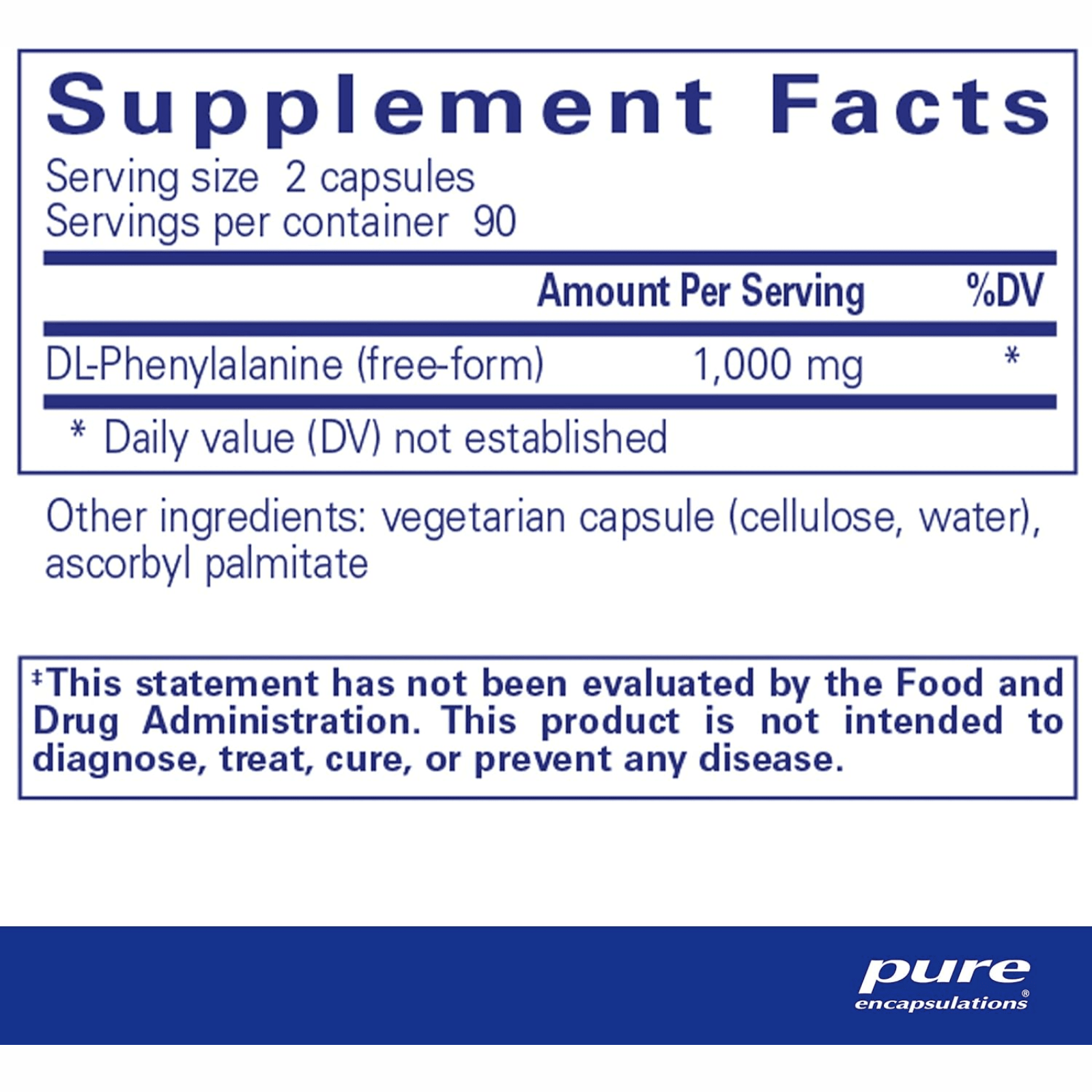 Pure Encapsulations DL Phenylalanine hypoallergenic dietary supplement bottle with 180 capsules for focus and mood support.