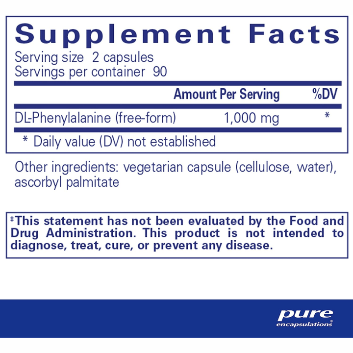Pure Encapsulations DL Phenylalanine hypoallergenic dietary supplement bottle with 180 capsules for focus and mood support.