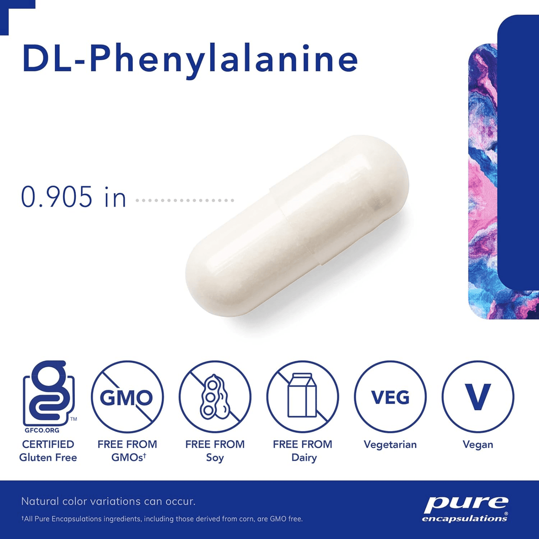 Pure Encapsulations DL Phenylalanine hypoallergenic dietary supplement bottle with 180 capsules for focus and mood support