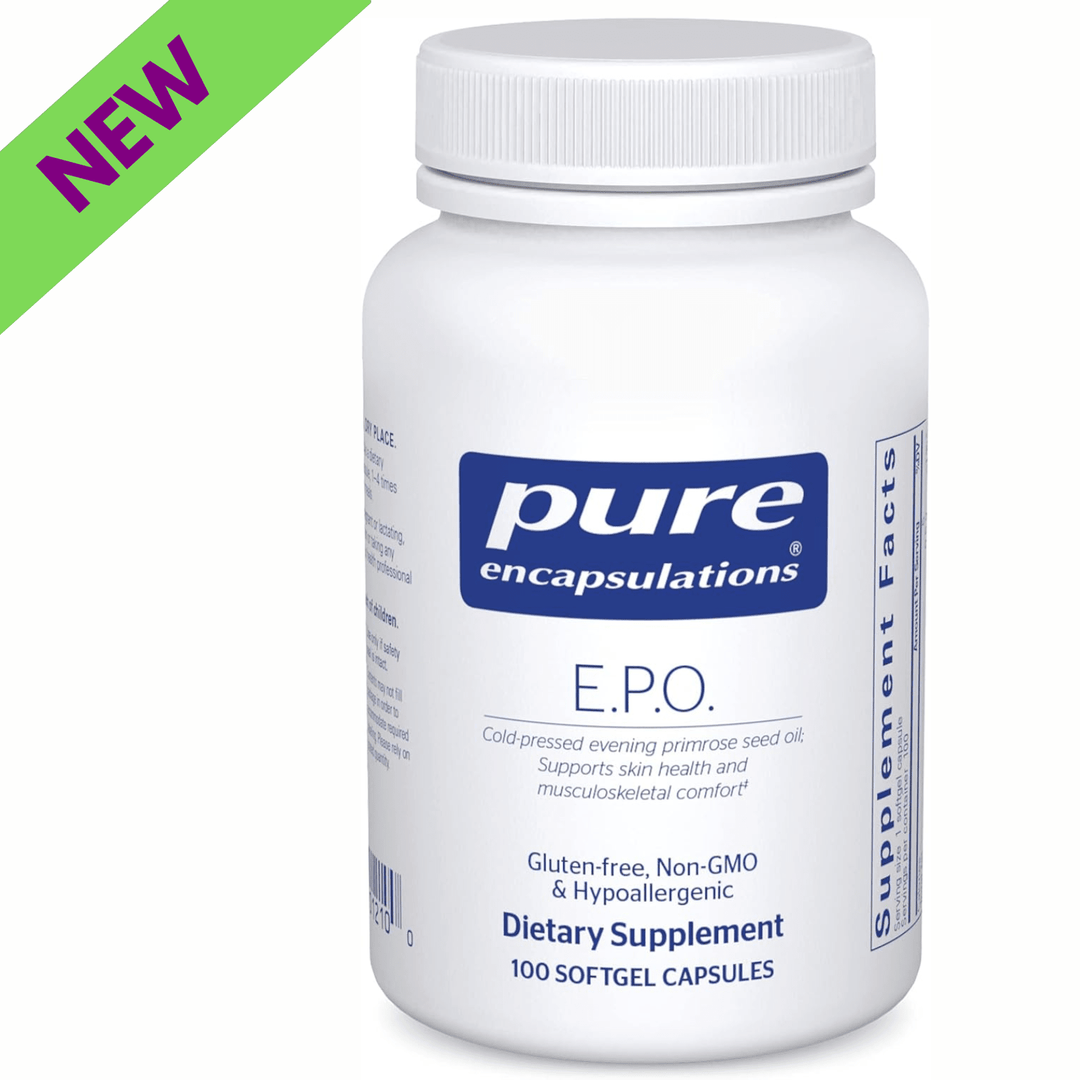 Pure Encapsulations E.P.O. Evening Primrose Oil dietary supplement in 100 capsules for skin health and hypoallergenic support.