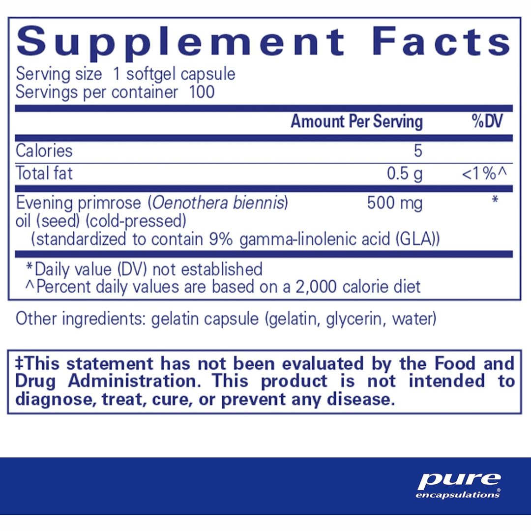 Pure Encapsulations E.P.O. Evening Primrose Oil dietary supplement bottle with 100 capsules, supports skin health and hypoallergenic formula.