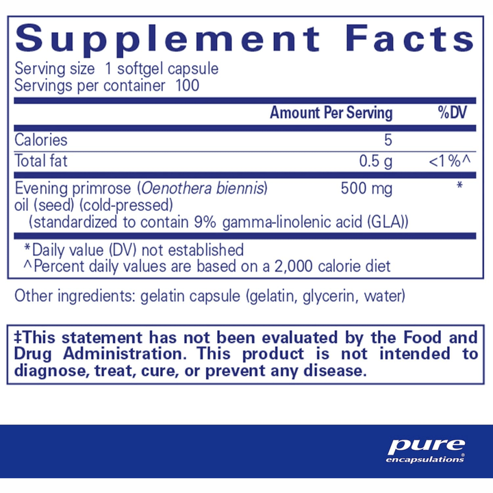Pure Encapsulations E.P.O. Evening Primrose Oil dietary supplement bottle with 100 capsules, supports skin health and hypoallergenic formula.