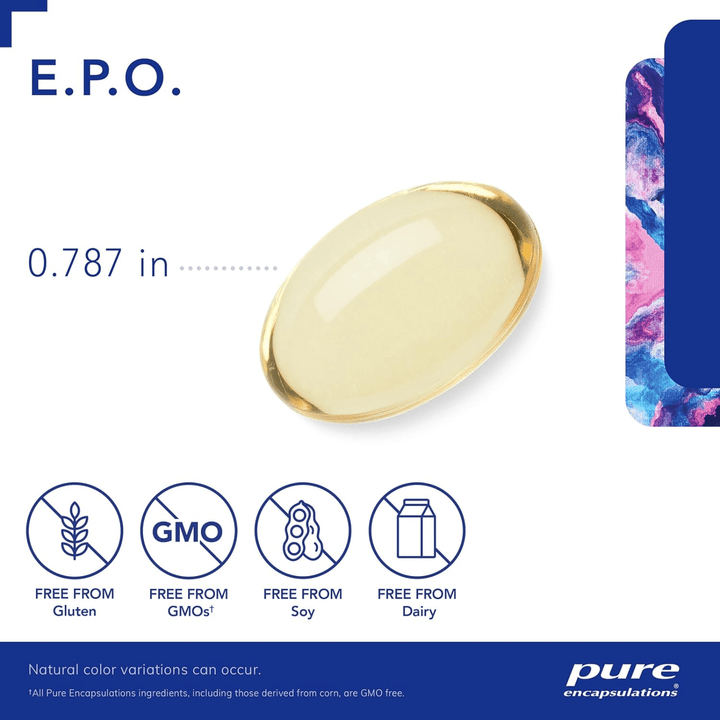 Pure Encapsulations E.P.O. Evening Primrose Oil supplement in 100 capsules, supports skin health and is hypoallergenic dietary supplement.