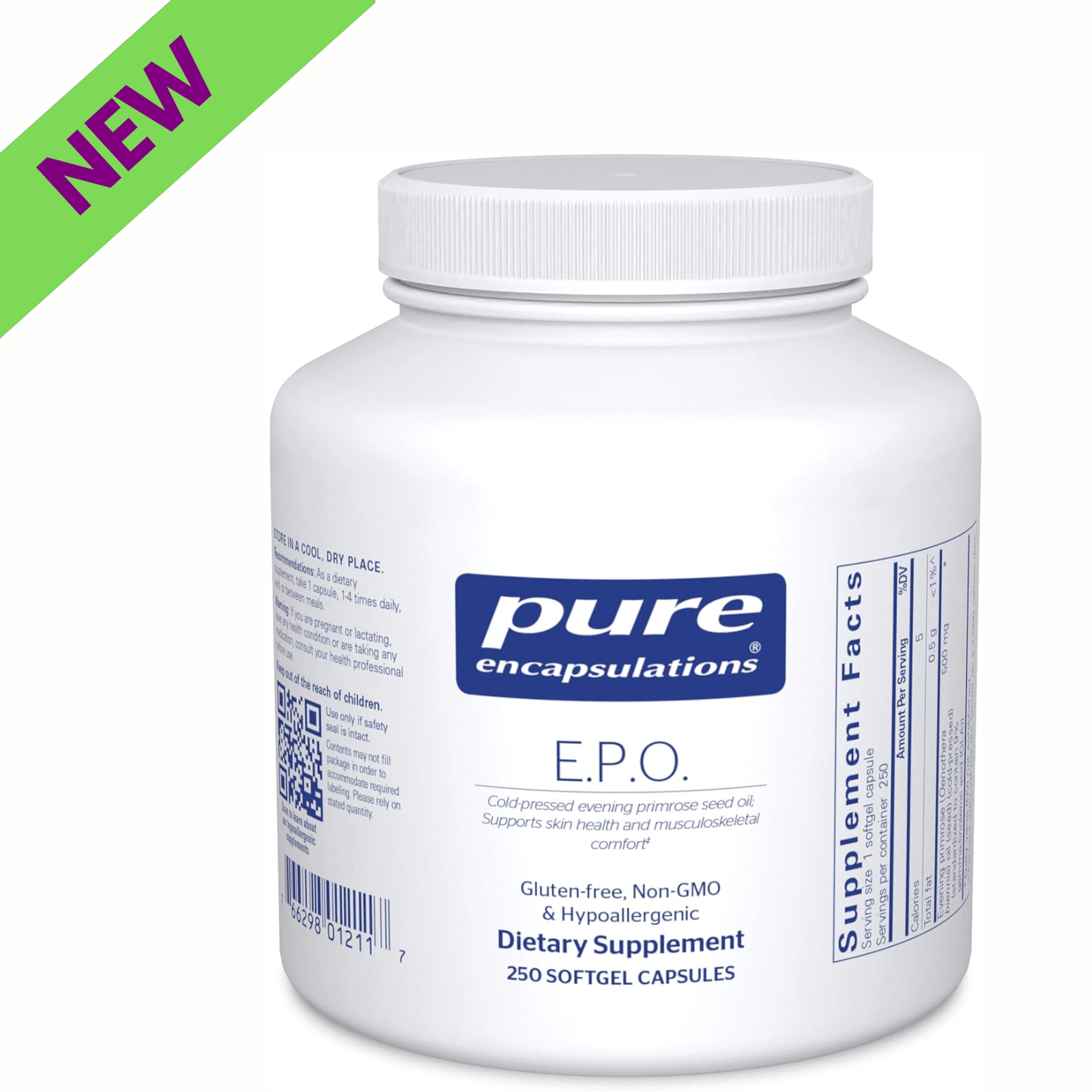 Pure Encapsulations E.P.O. Evening Primrose Oil capsules, hypoallergenic dietary supplement for skin health, 250 caps.