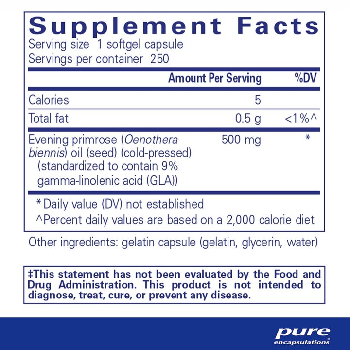 Pure Encapsulations E.P.O. Evening Primrose Oil dietary supplement, 250 capsules, supports skin health and hypoallergenic formula.