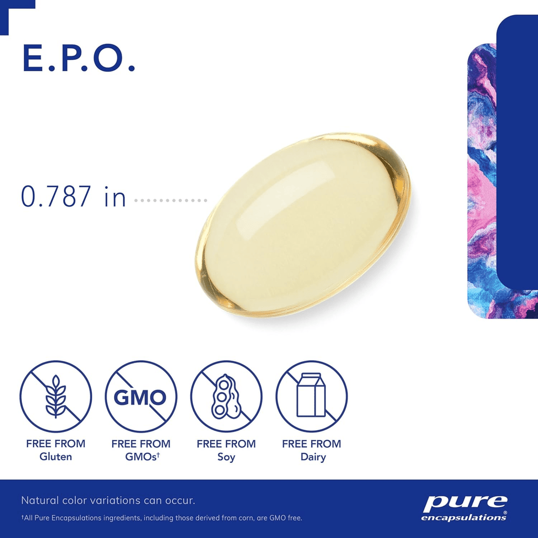 Pure Encapsulations E.P.O. evening primrose oil supplement in 250 capsules, supporting skin health and hypoallergenic dietary needs.