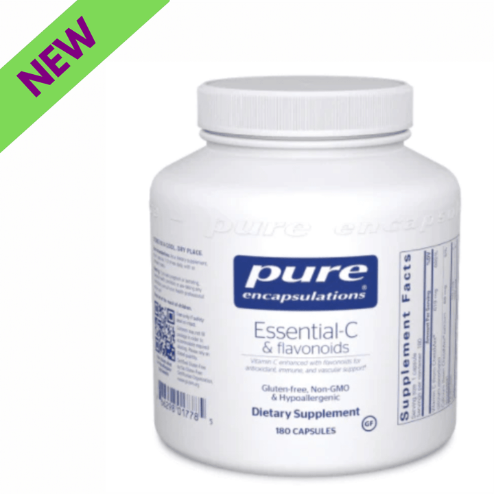 Pure Encapsulations Essential-C and Flavonoids vegan hypoallergenic dietary supplement capsules in a bottle.