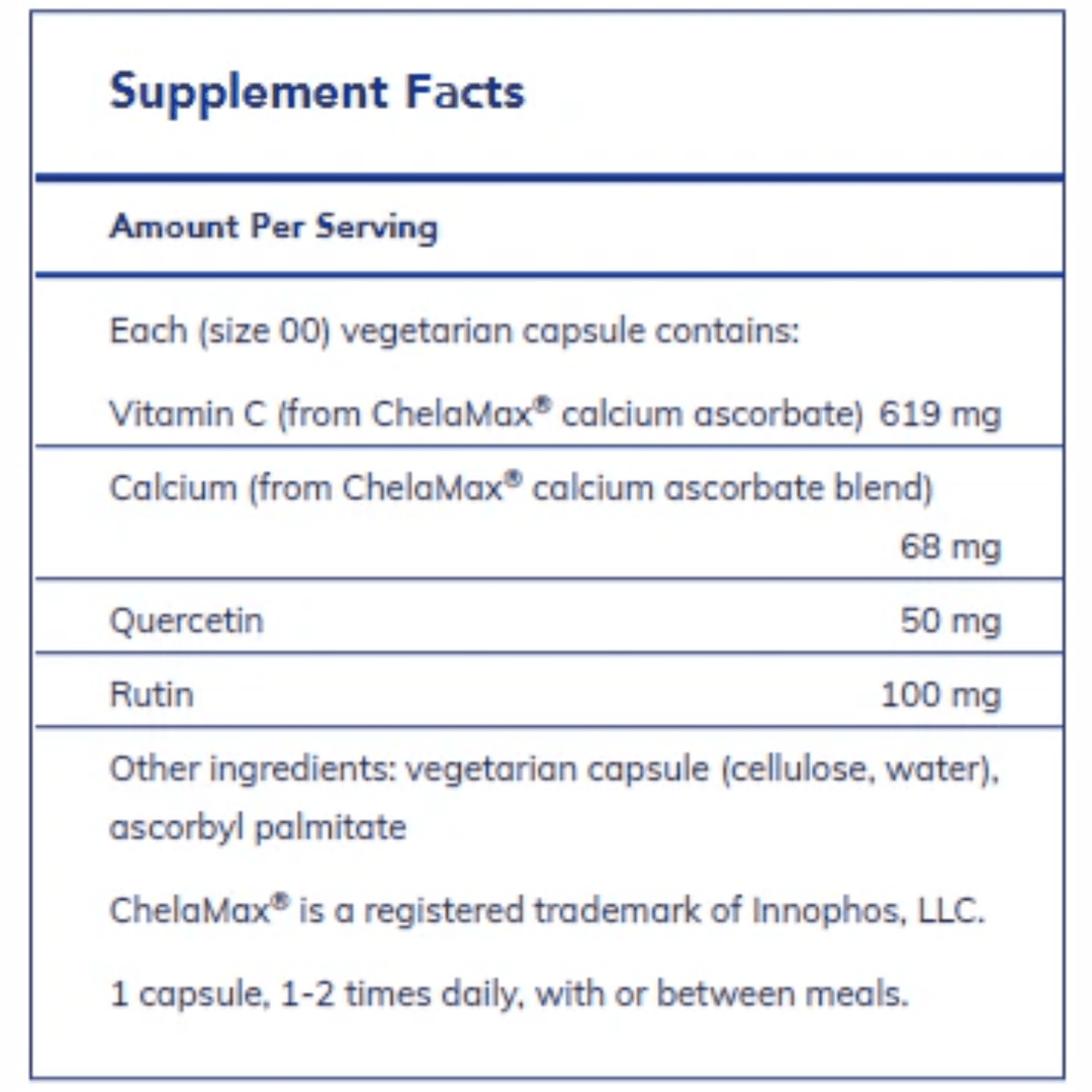 Pure Encapsulations Essential-C and Flavonoids vegan dietary supplement bottle with 180 capsules, hypoallergenic formula.