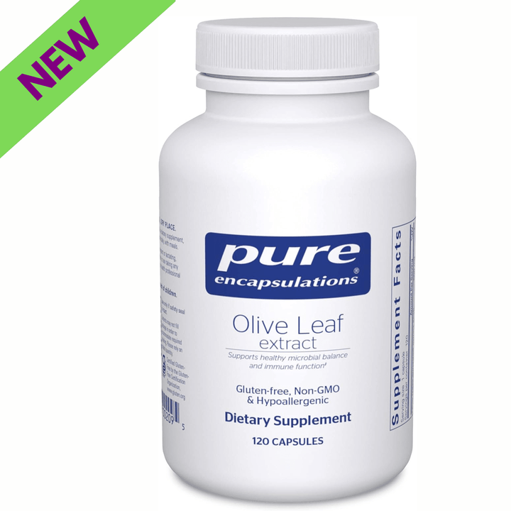 Pure Encapsulations Olive Leaf Extract supplement in a bottle of 120 capsules, supporting immune health and hypoallergenic dietary needs.