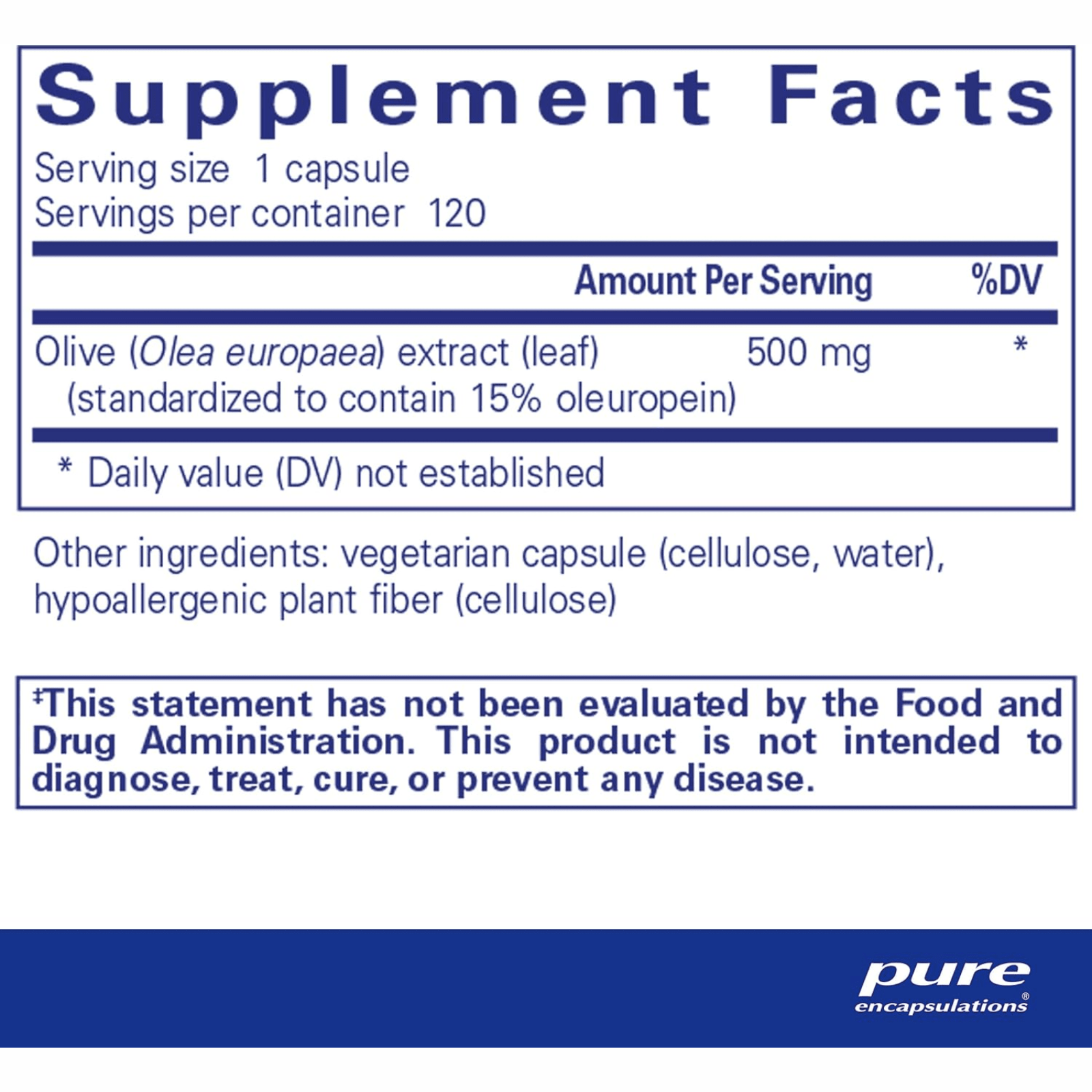 Pure Encapsulations Olive Leaf Extract dietary supplement capsules for immune support, hypoallergenic, 120 capsules.